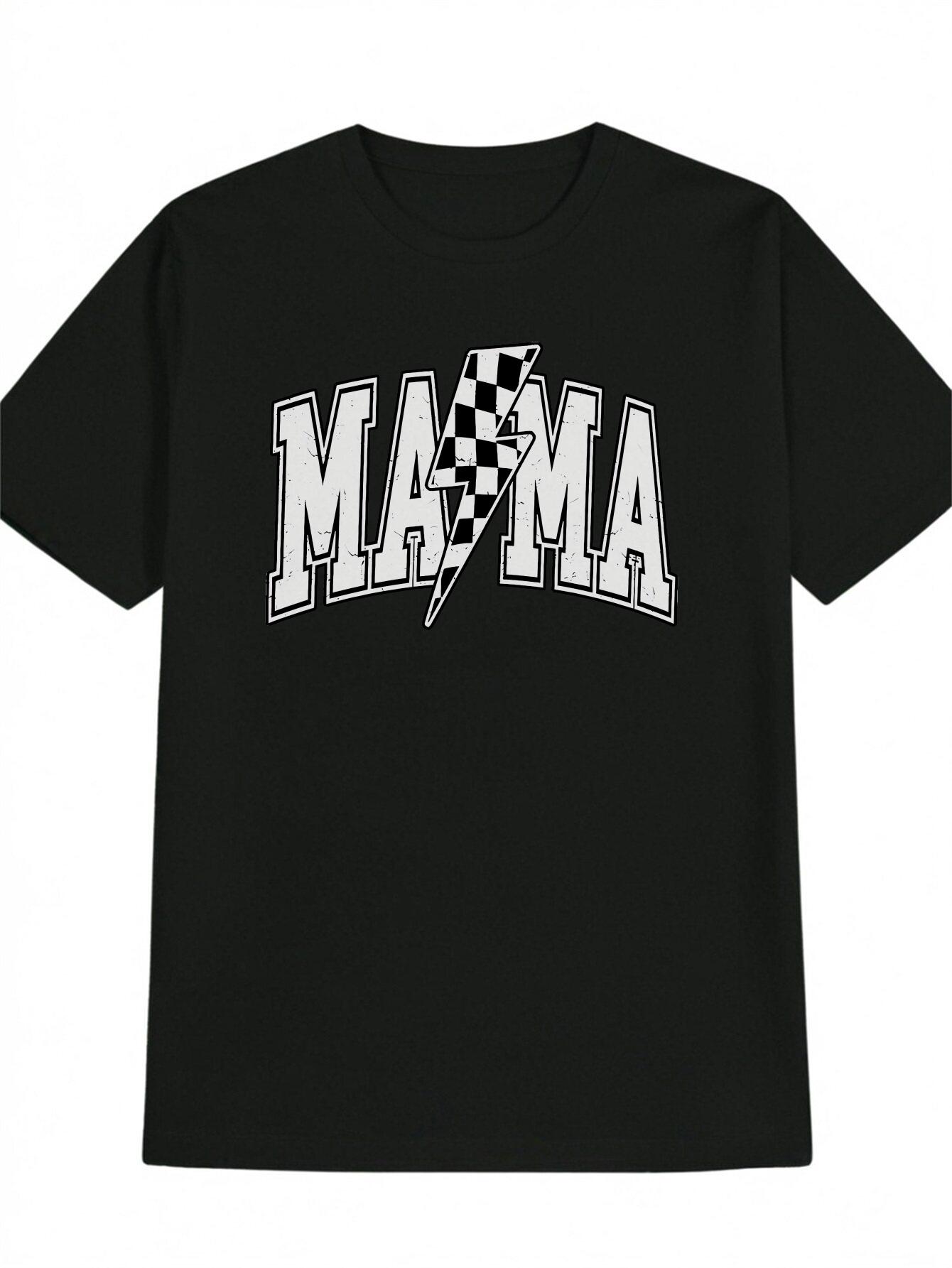 Casual Graphic T-shirt with Bold MAMA Lightning Bolt Print - Black & White Regular Fit Summer Tee S