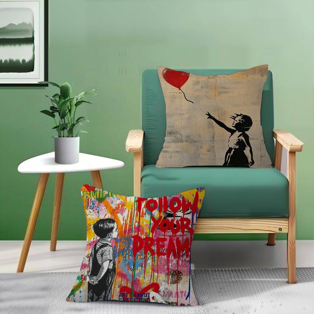 Banksy Street Graffiti Cushion Cover Inches Farmhouse Decor Home Throw Pillow Covers for Couch Decorations