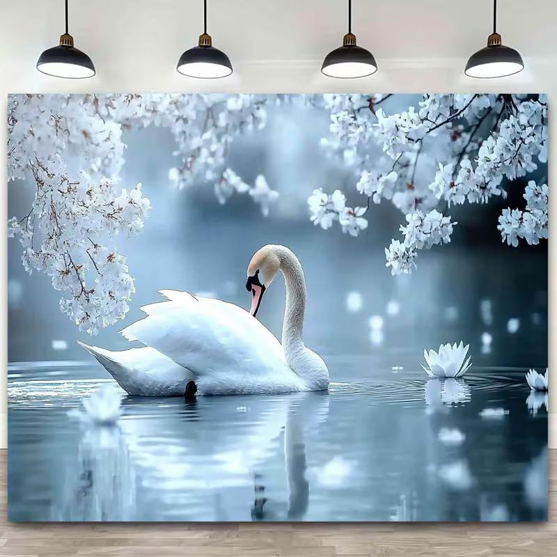 

2D Elegant Swan & Sakura Backdrop Dreamy Lake Scene Wall Decor Cloth 47.2x31.5inch/120*80cm