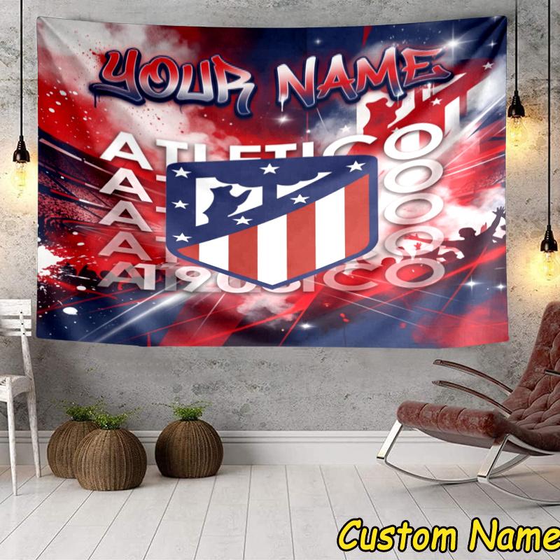 Custom Name Atletico Football Crest Tapestry Accessories for Bedroom,Livingroom, dormitory Room Wall Hanging Decor, Fan Birthday Gifts