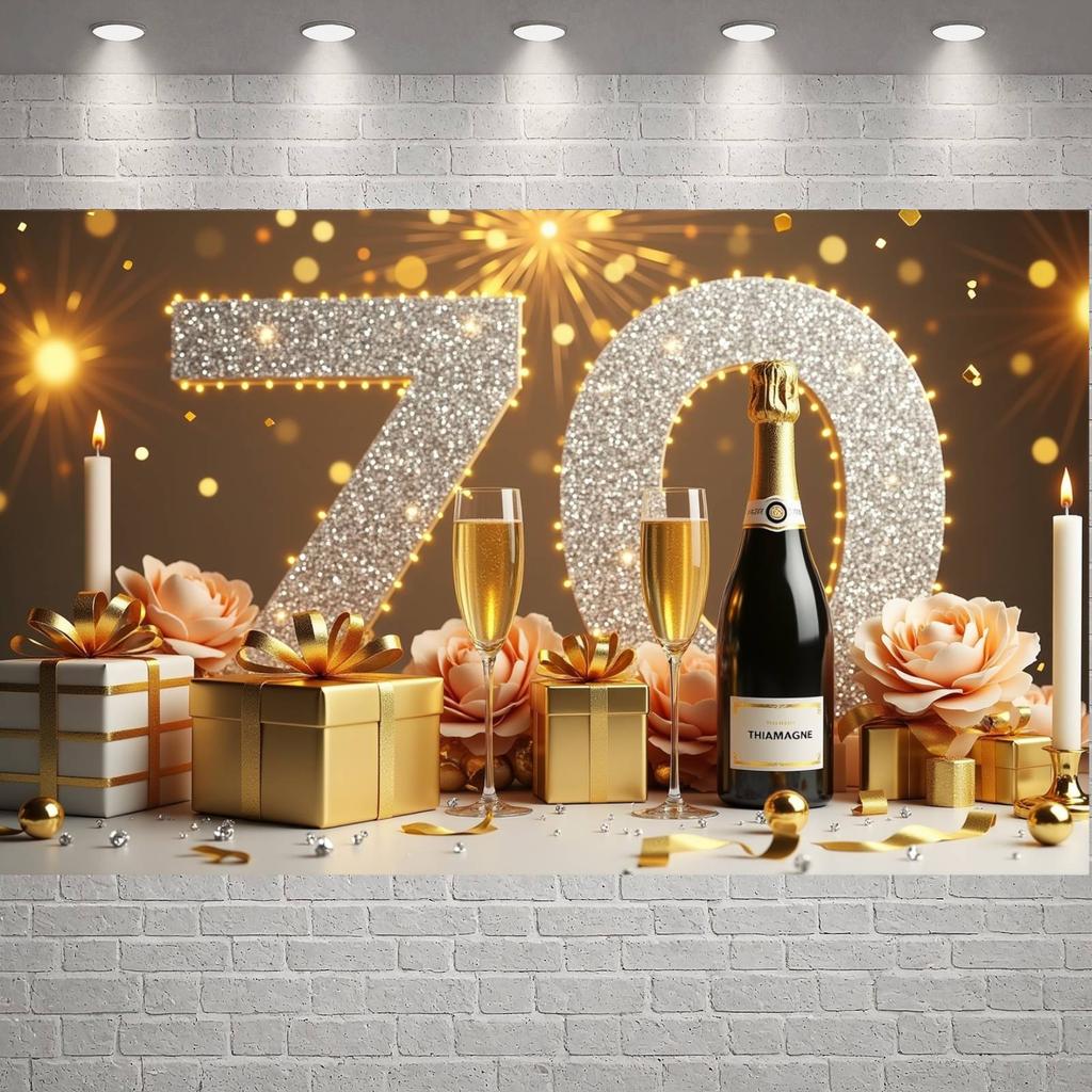 70th Birthday Banner Happy Birthday Display Golden Glitter Firework Pattern Birthday Backdrop for 70th Indoor Party Decoration