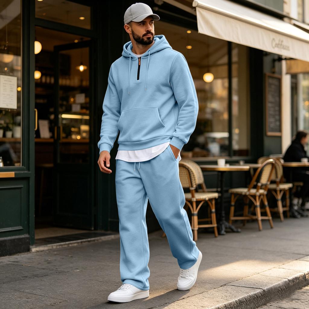 Men's Warm Lined Hoodie and Wide Leg Cargo Pants Set, Casual Relaxed Fit for Outdoor Sports