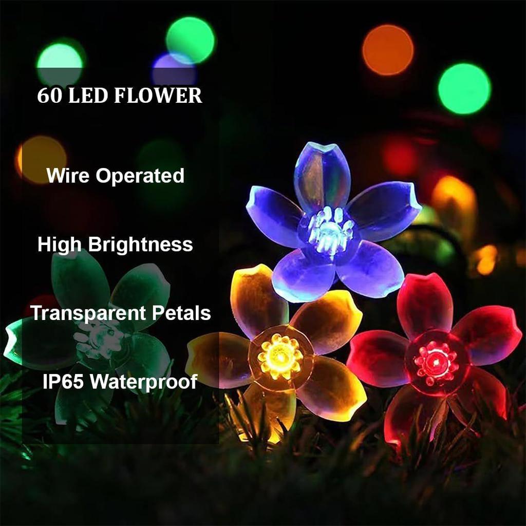 Silicone Flower LED String Lights – 60 LED, 12 Meter Multicolour Copper Wire Fairy Lights for Window, Wall, Garden, Diwali, Christmas