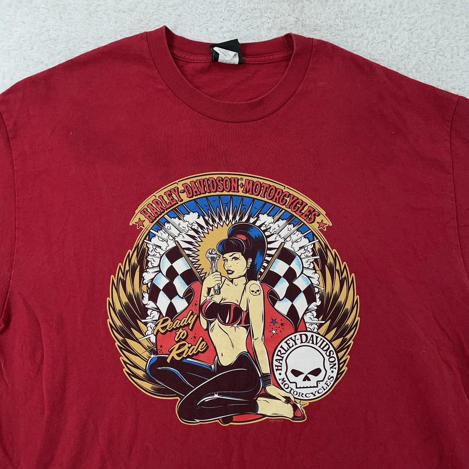 

Harley-Davidson Shirt L/XL Red Pinup Girl Ready To Ride Tee Biker Langhorne PA XL