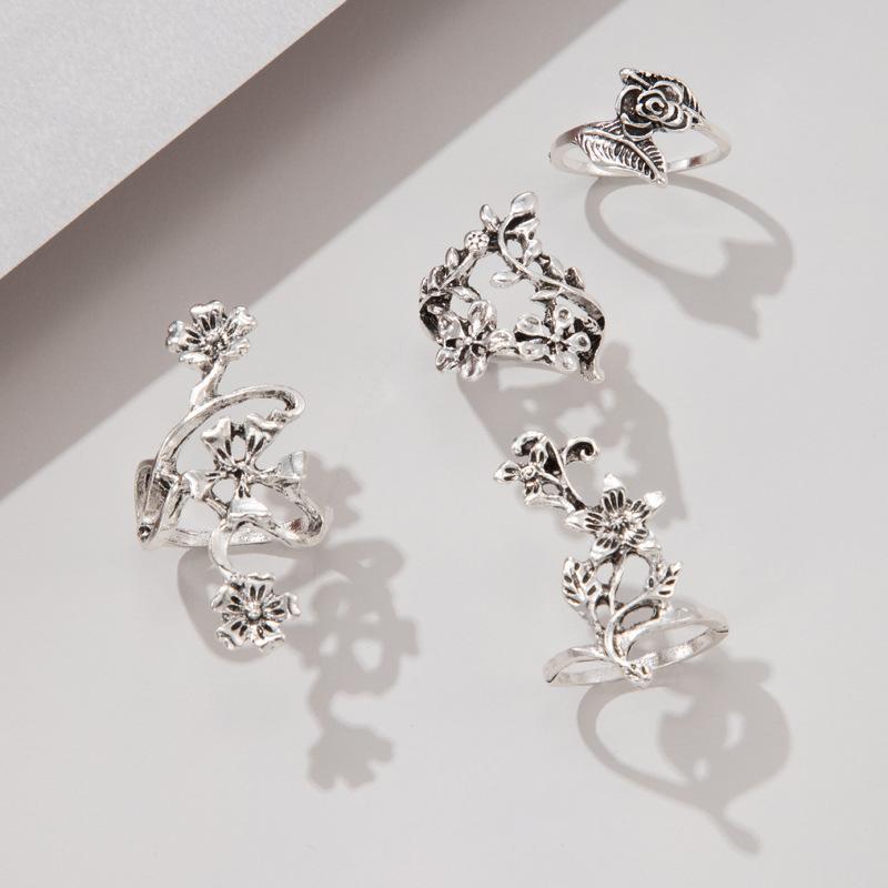 Popular Women's Ring Fashion Personality Ancient Silver Mori Vine Leaf Flower Ring Four-piece Set