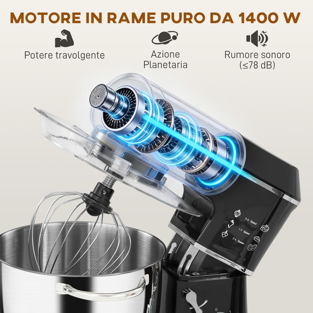 1400W Stand Mixer with 7L Bowl and 6 Speeds, Dough Hook, Whisk and Beater, Black