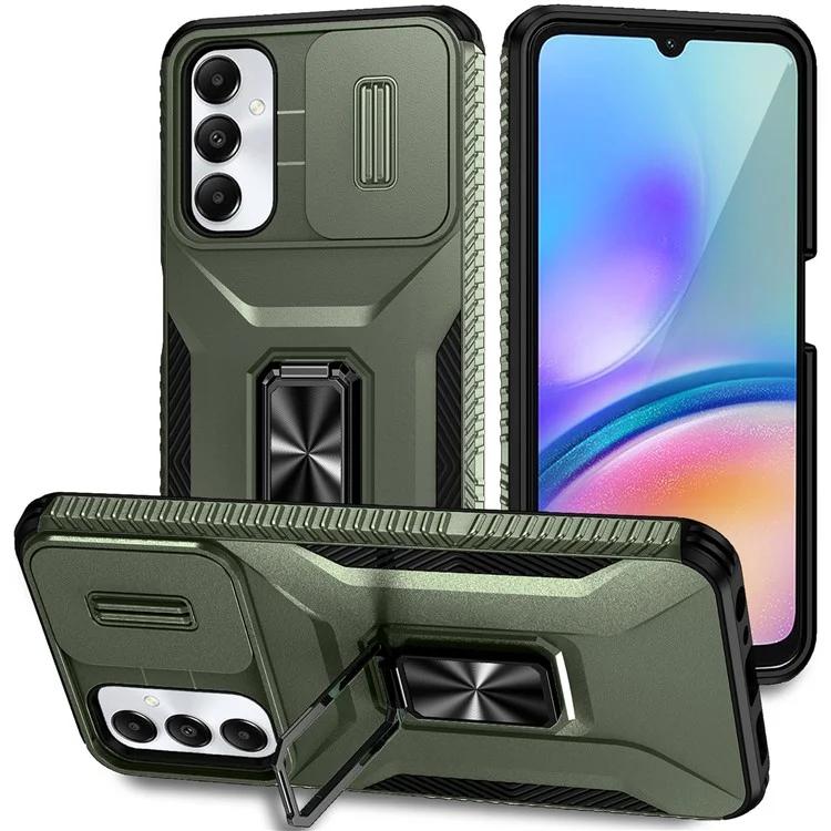 

For Samsung Galaxy A05s 4G Kickstand Case TPU+PC Phone Cover with Slide Lens Lid - Green