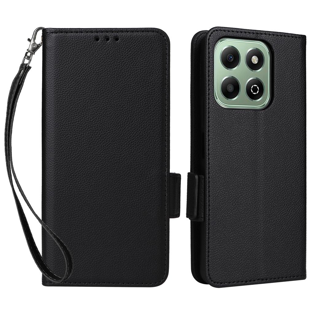For Honor X6b 4G Case with Wrist Strap Litchi Texture PU Leather Wallet Phone Cover