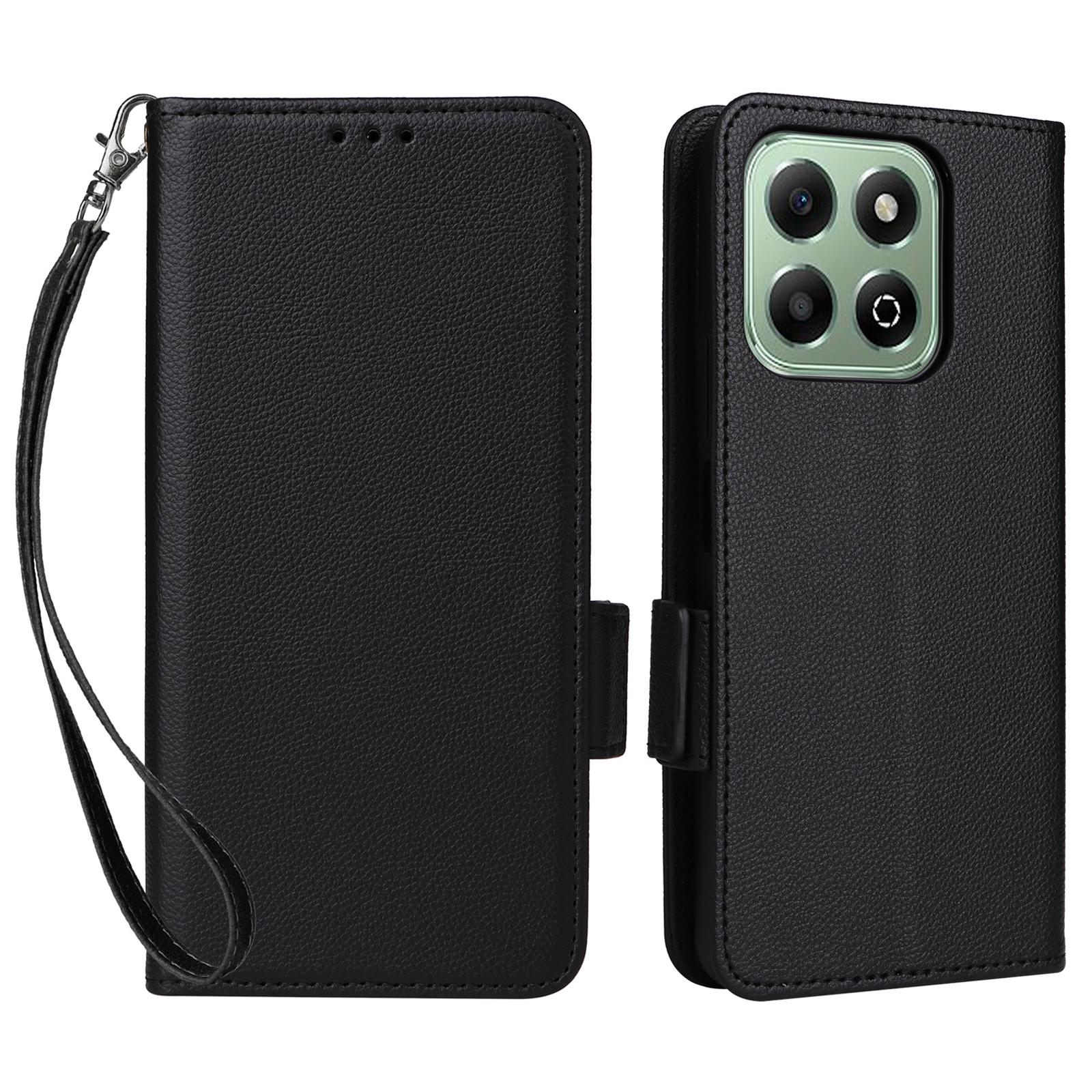 

For Honor X6b 4G Case with Wrist Strap Litchi Texture PU Leather Wallet Phone Cover Black