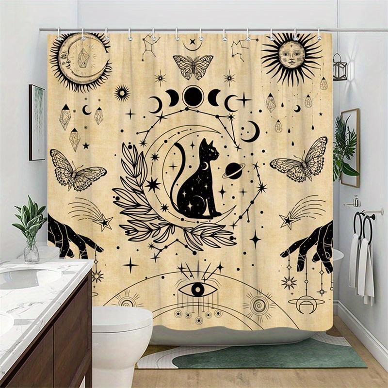 1pc Black Cat Silhouette Crescent Moon Zodiac Wheel Astrology Pattern Shower Curtain Polyester Fabric Machine Washable