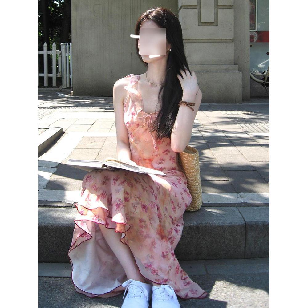 Early summer new pink suspender floral dress casual women's summer French temperament premium hip-wrapped dress