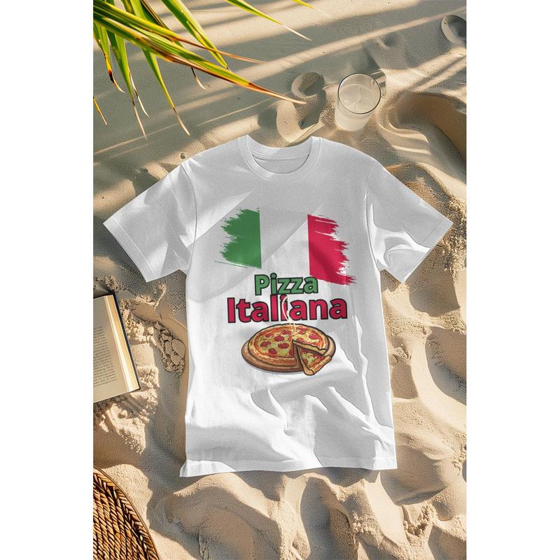 Italian Pizza & Italy Flag T-Shirt For & - Italian Food Theme With Pizza Slice & Italian Text, Casual Short Sleeve Round Neck Tee, Pizza Lover Gift,