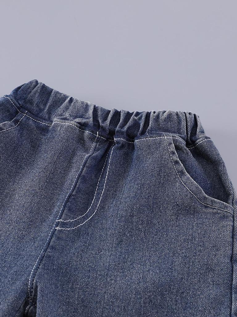 2025 Spring/Autumn Cute Boys' Plaid Shirt & Jeans Set