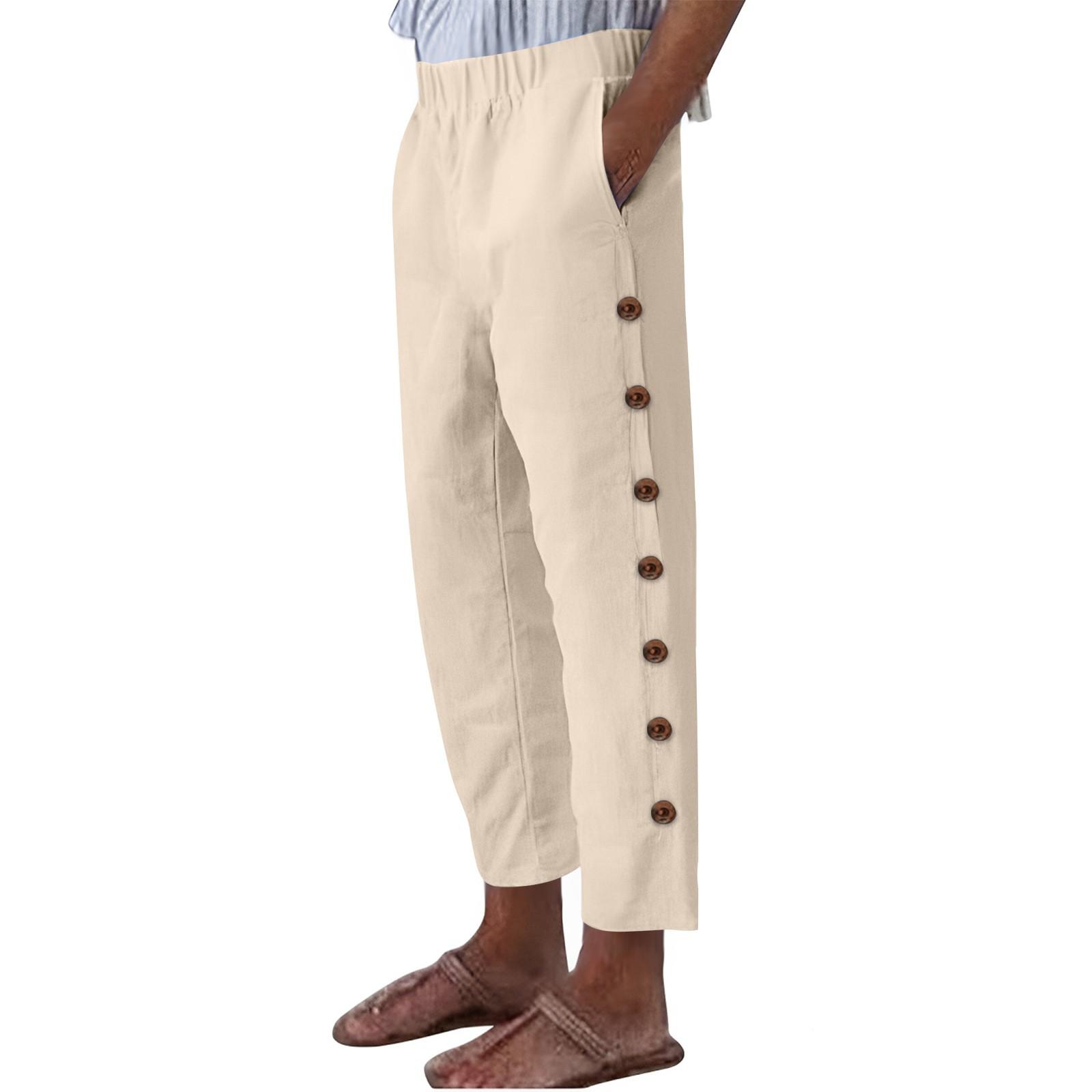 

Жіночі Модні Однотонні Бавовняно-Конопляні Вільні Штани Кежуал з Еластичним Поясом, Кишенями з Боків та Застібкою на Ґудзики M бежевий
