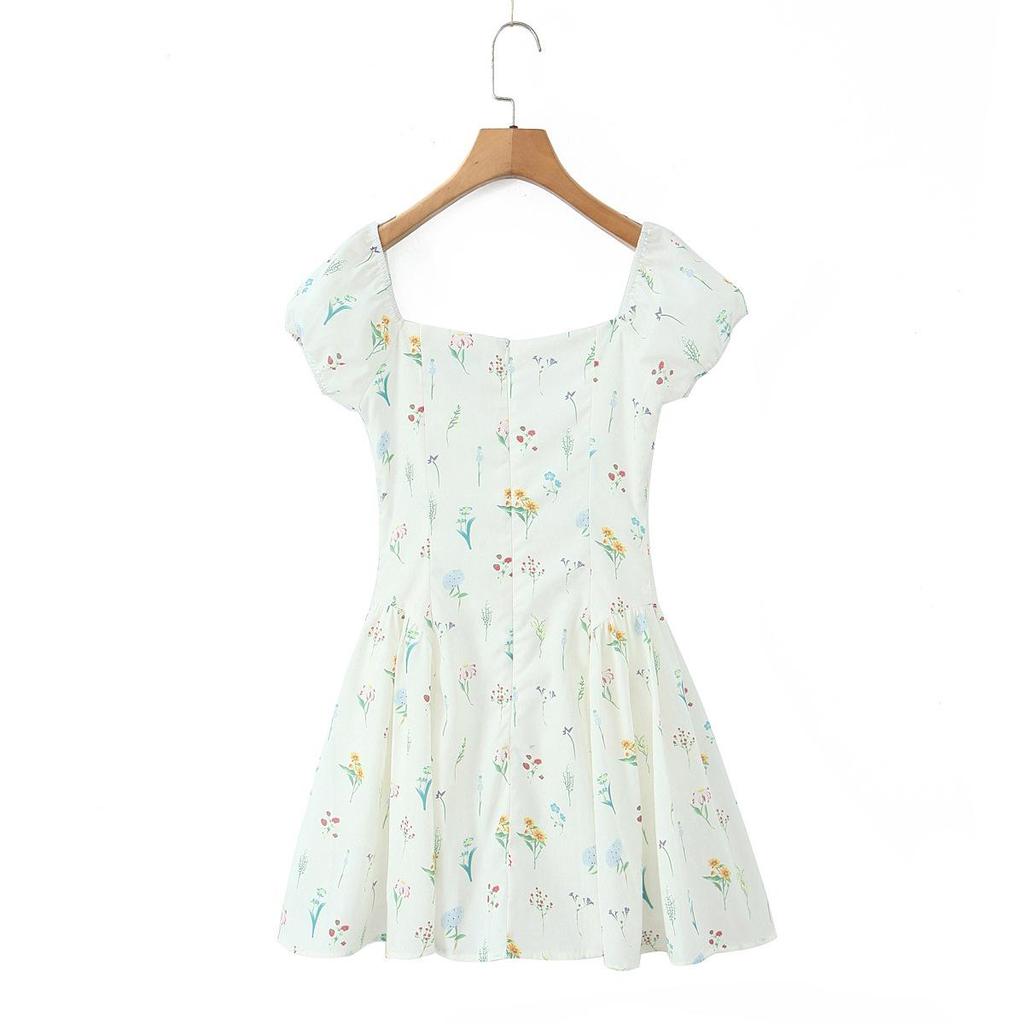 2025 Chic Puff Sleeve Mini Dress with Sweet Print - French Square Neck, Holiday Style