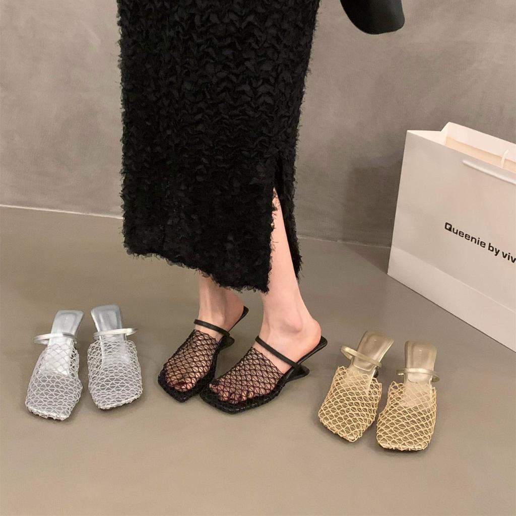 Internet celebrity slope heel mesh bag head half slippers women's shoes wear 2025 new summer breathable sandals