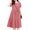 ZANZEA Women Casual Round Neck Summer Short Sleeve Plaid Print Dress