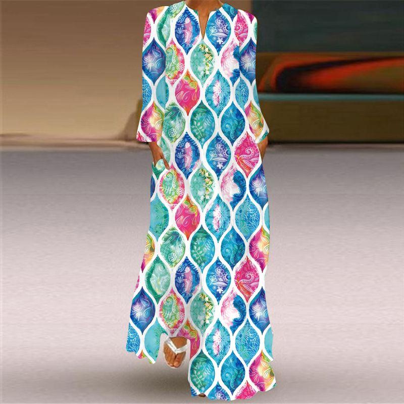 Long Sleeve Dress New Fashion Women's Clothing 3D Colorful Printing Stage Show Travel Photo Pocket V Neck Dress
