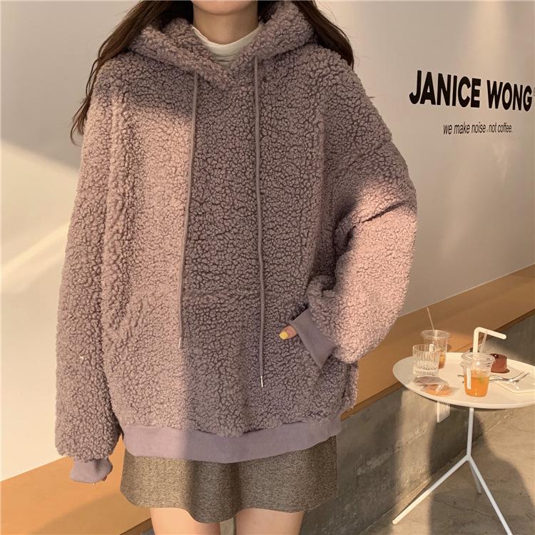 Plus Size Women's Faux Lambswool Bear Ear Hoodie - Loose Fit for Autumn/Winter