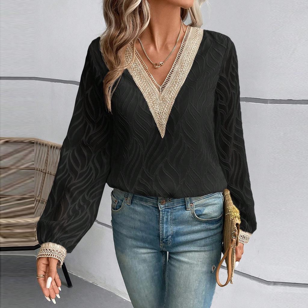 Dámský top s V-výstřihem, krajkový šifonový, módní, elegantní, s dlouhým rukávem, tričko, halenka