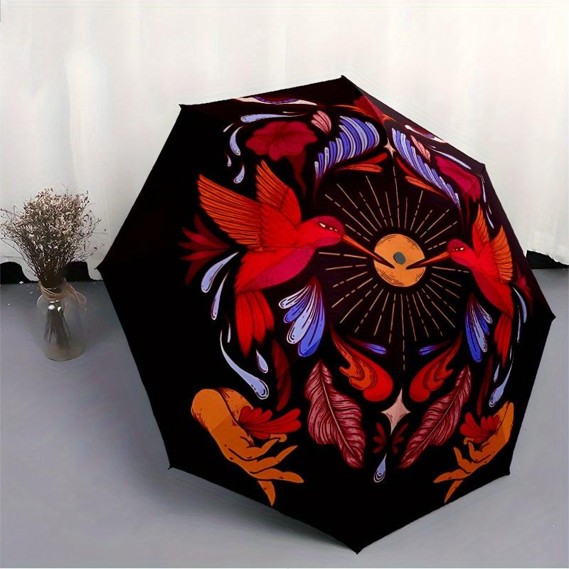 1pc Hummingbird Floral Automatic Open/close Folding Compact Umbrella, 8-Rib Sturdy Canopy, Lightweight Portable, Everyday Use, Gift, Outdoor Umbrella,
