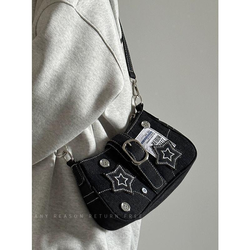 Bag Female Star Denim Shoulder Underarm Bag Retro Button Portable Chain Crossbody Bag