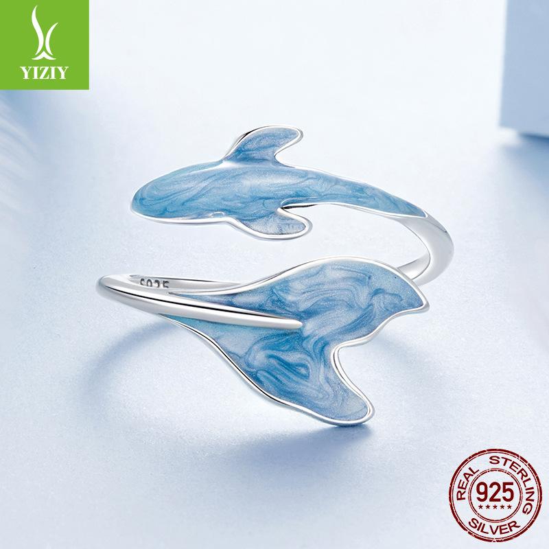 S925 Sterling Silver Guppy Open Ring, Blue Small Fresh Fish Tail Adjustable Ring
