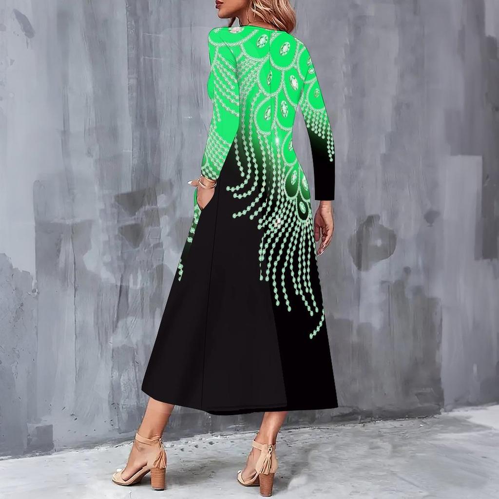 Women Plus Size V Neck Long Sleeve Purple Black Butterfly Printed Midi Dress With Pockets