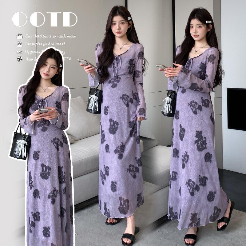 

2026 Spring Maternity Floral Two-Piece Set: Long-Sleeve Dress + Slim-Fit Camisole L фиолетовый