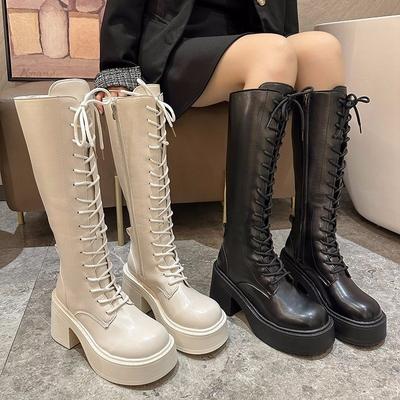 Thick Bottom Heightening Knee High Boot Women Autumn Lace Up Chunky Heeled Ladies Black Knight Botas Fashion Side Zip Long Boots