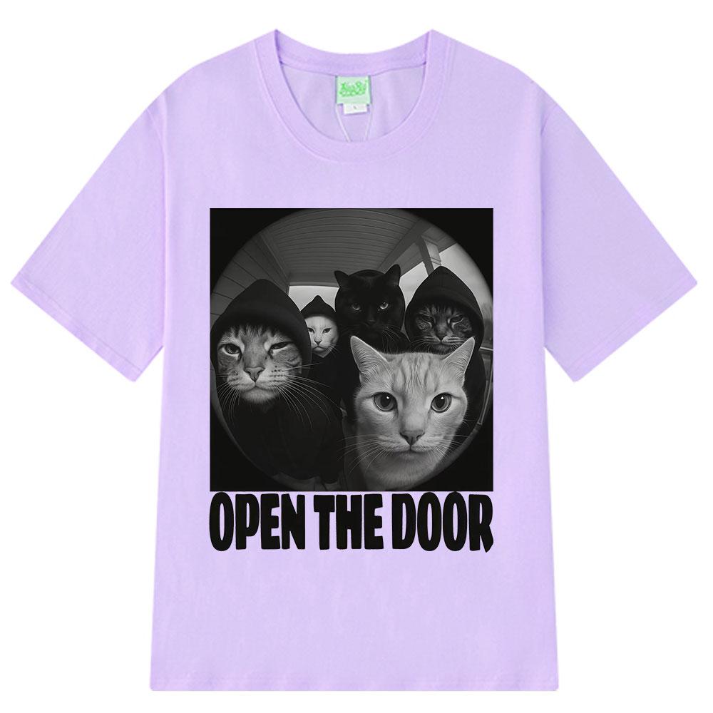 Open The Door Funny Cats Meme Tshirt Men Women Hip-hop Clothing T-shirts Short-sleeved Loose Casual Cotton T-shirts Streetwear
