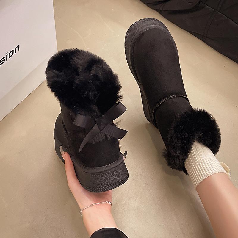 2025 Winter Thick-Soled Fleece-Lined Slip-On Snow Boots with Bow Detail - Warm Plus Size