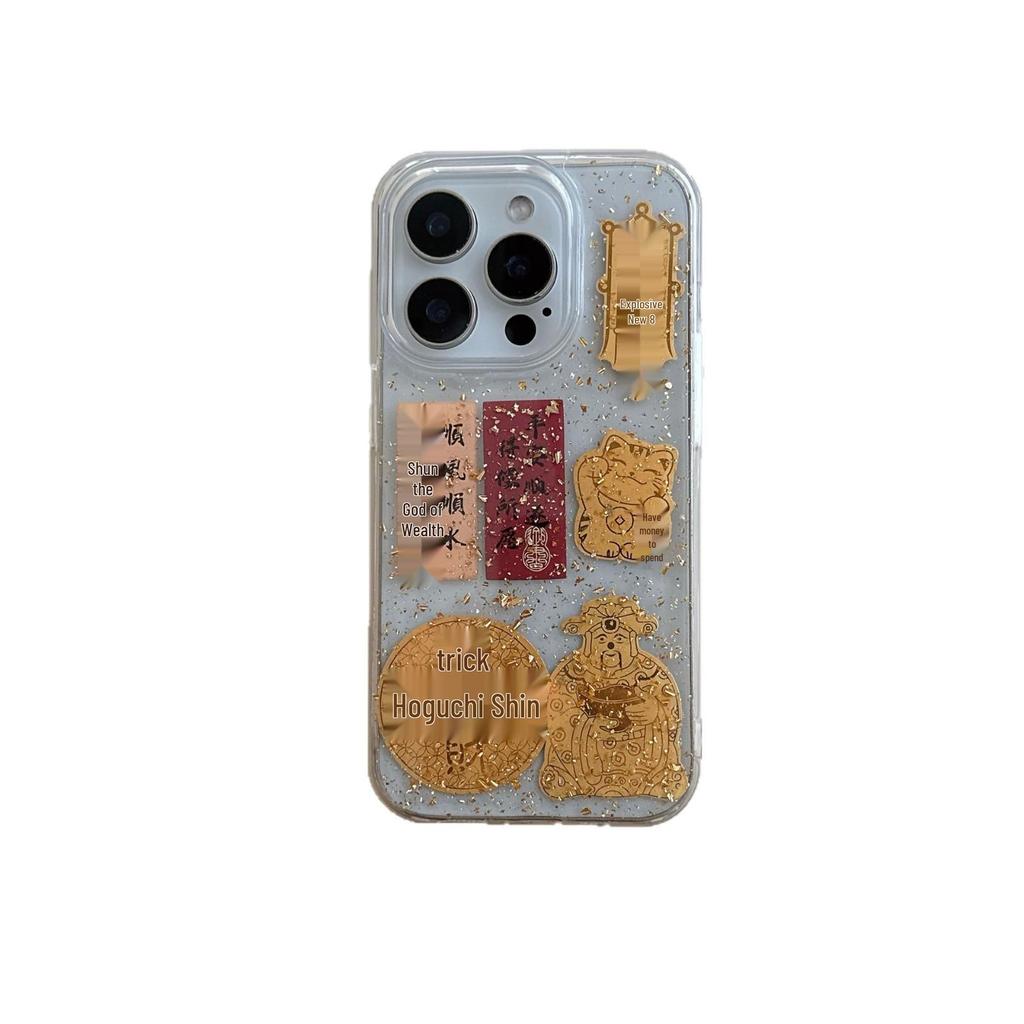 Chinese God of Wealth Gold Foil Epoxy Phone Case for iPhone 13, 14, 15, 16 Pro Max & 17 Air - Drop-Proof Design