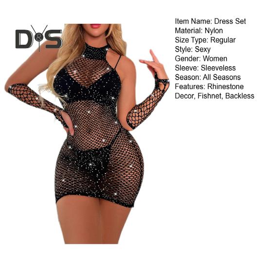 Dámská noční košilka Rukavice Set Průhledná vyhloubená síťovaná krajka Lesklá drahokamu Dekor Pochva Hubená Ložnice Líbánky na spaní