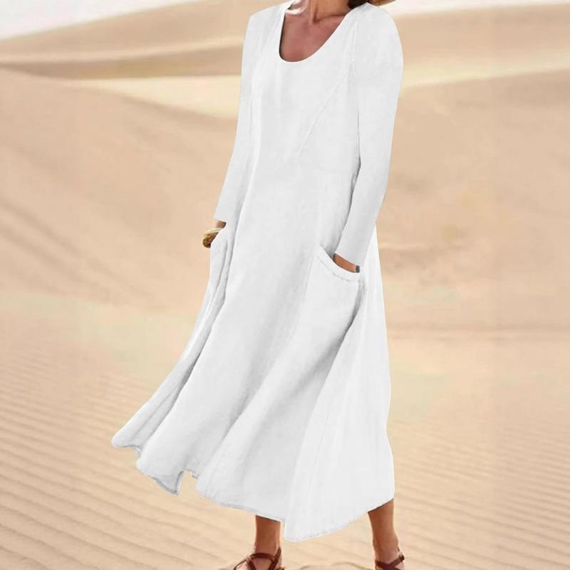 Summer Women's Casual and Fashionable Cotton Linen Long Sleeved Round Neck Dress