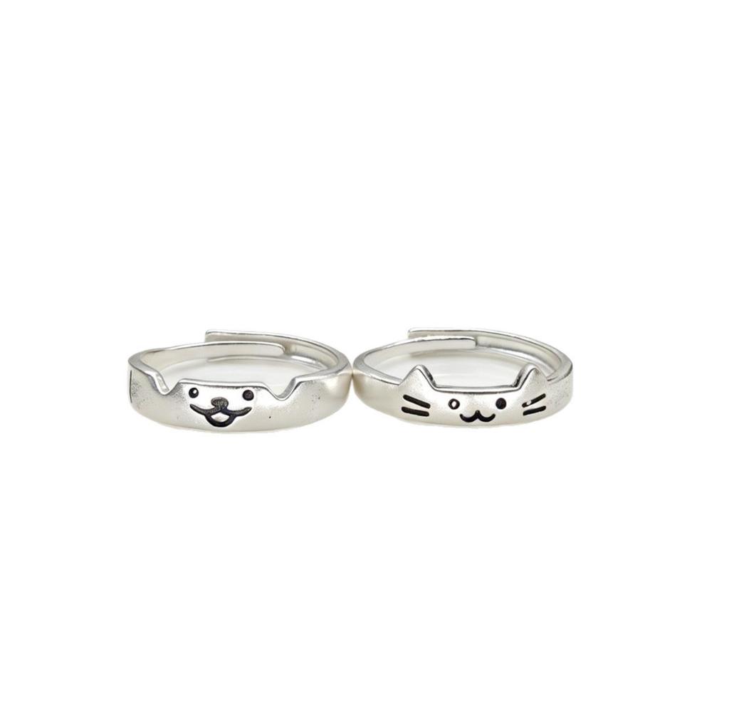 Sterling Silver Cat & Dog Couple Rings: Engravable, Light Luxury Design