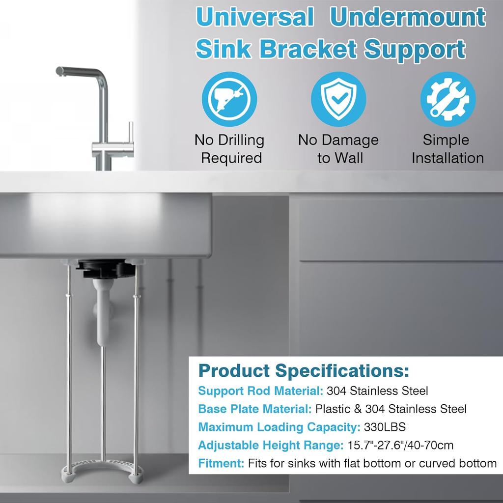 IRONWALLS Undermount Sink Support Brackets, 15.7” to 27.6” Adjustable Stainless Steel Under Sink Support Legs Pole Rods, Under Mount Sink