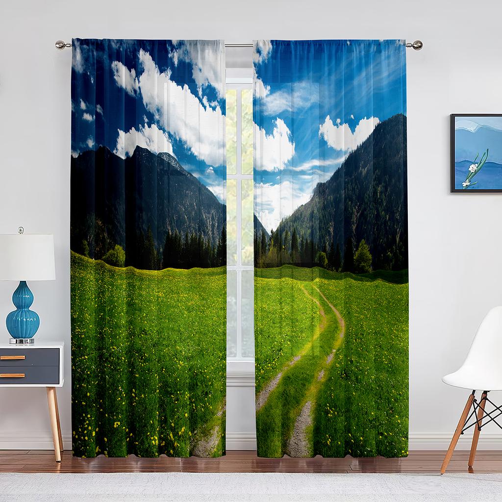 Autumn Mountains Forest Rivers Landscape Tulle Curtains for Living Room Decoration Chiffon Sheer Voile Kitchen Bedroom Curtain