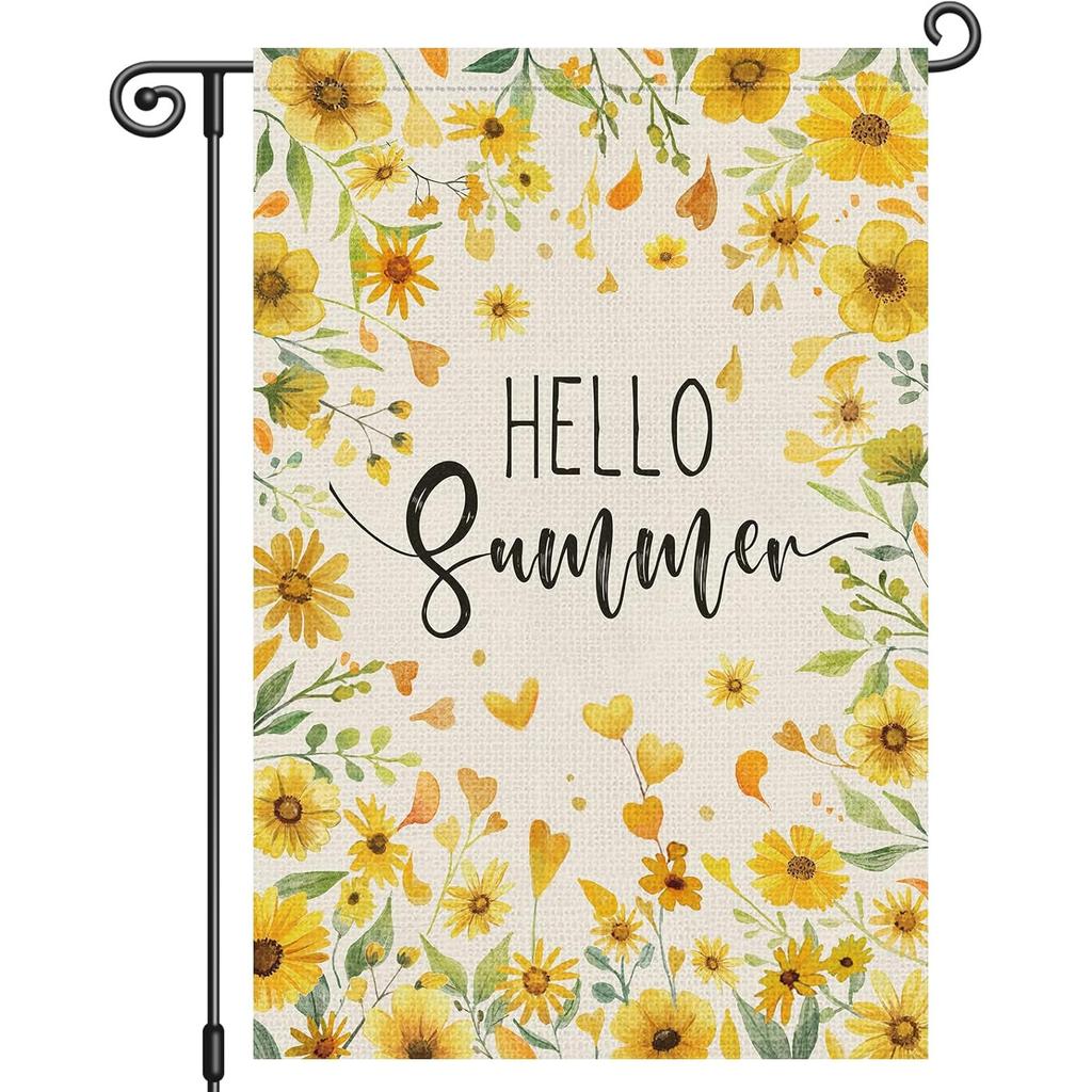 Hello Summer Garden Flag Daisy Flower Welcome Double Sided Floral Love Heart Small Holiday Yard Outdoor Sign Outside Home House Decoration