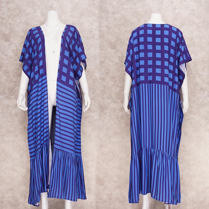 EDOLYNSA Swimsuit Coverup for Women Blue Bohemian Striped Half Sleeve Kimono Dress Plus Size Women Clothing Beach Wear Swim Suit Cover Up