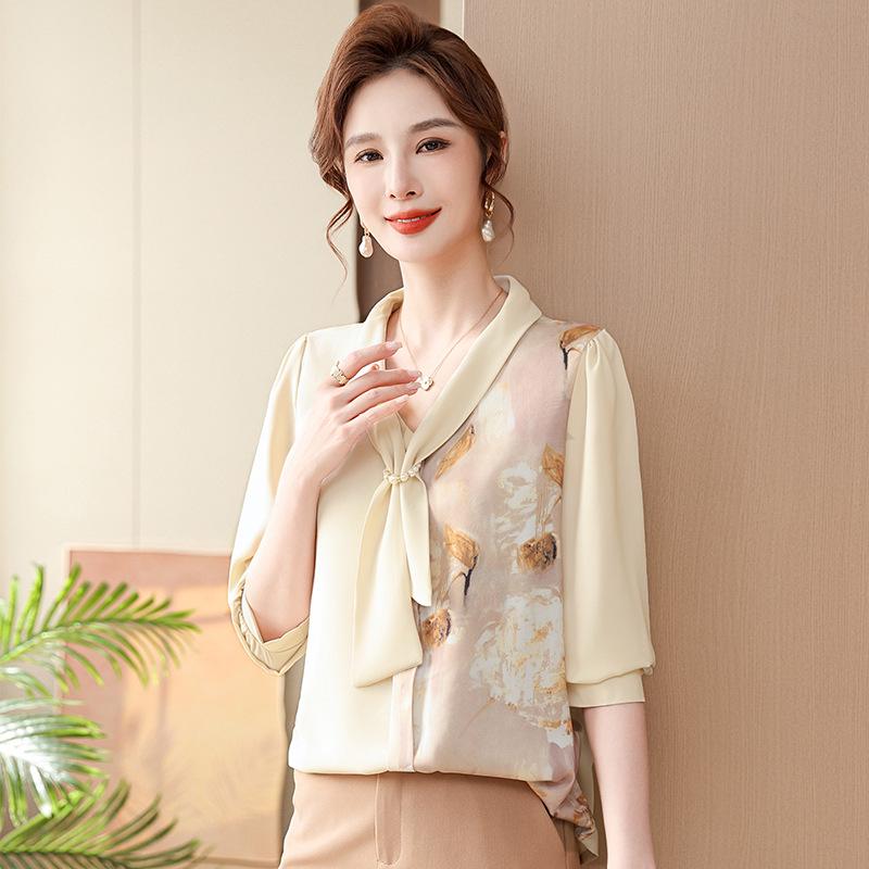 Fashionable Spring V-Neck Tie Shirt for Middle-Aged Women, Long-Sleeve Printed Top