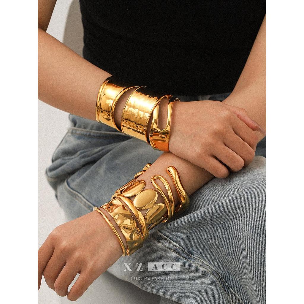 European & American Style Exaggerated Gold Stainless Steel Open Bracelet - High-End Titanium Steel Jewelry