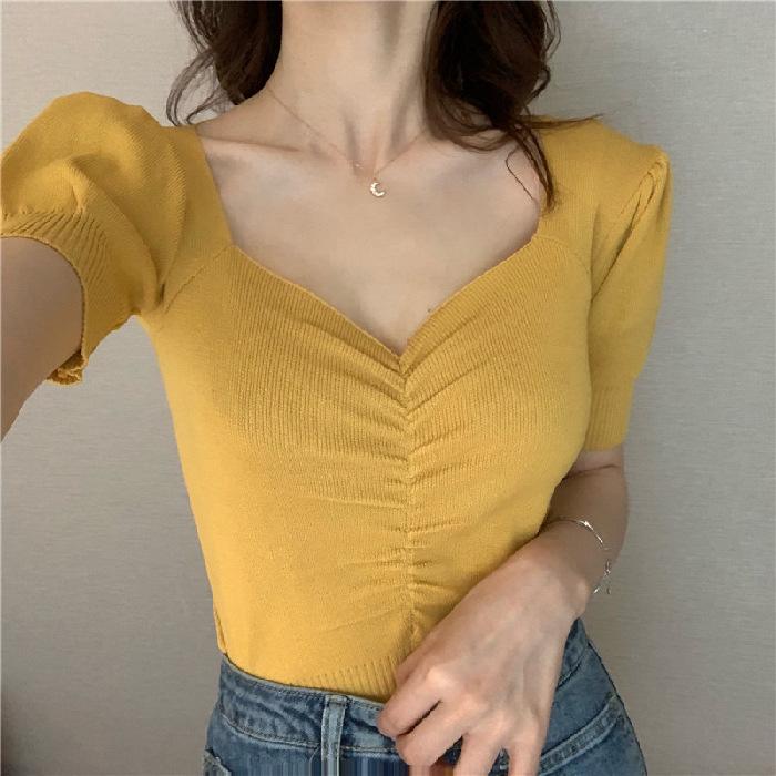 Sommer Neu Koreanische Version Retro Puffärmel Kurzer Saum Slim V-Ausschnitt Kurzarm Strickpullover T-Shirt Damen