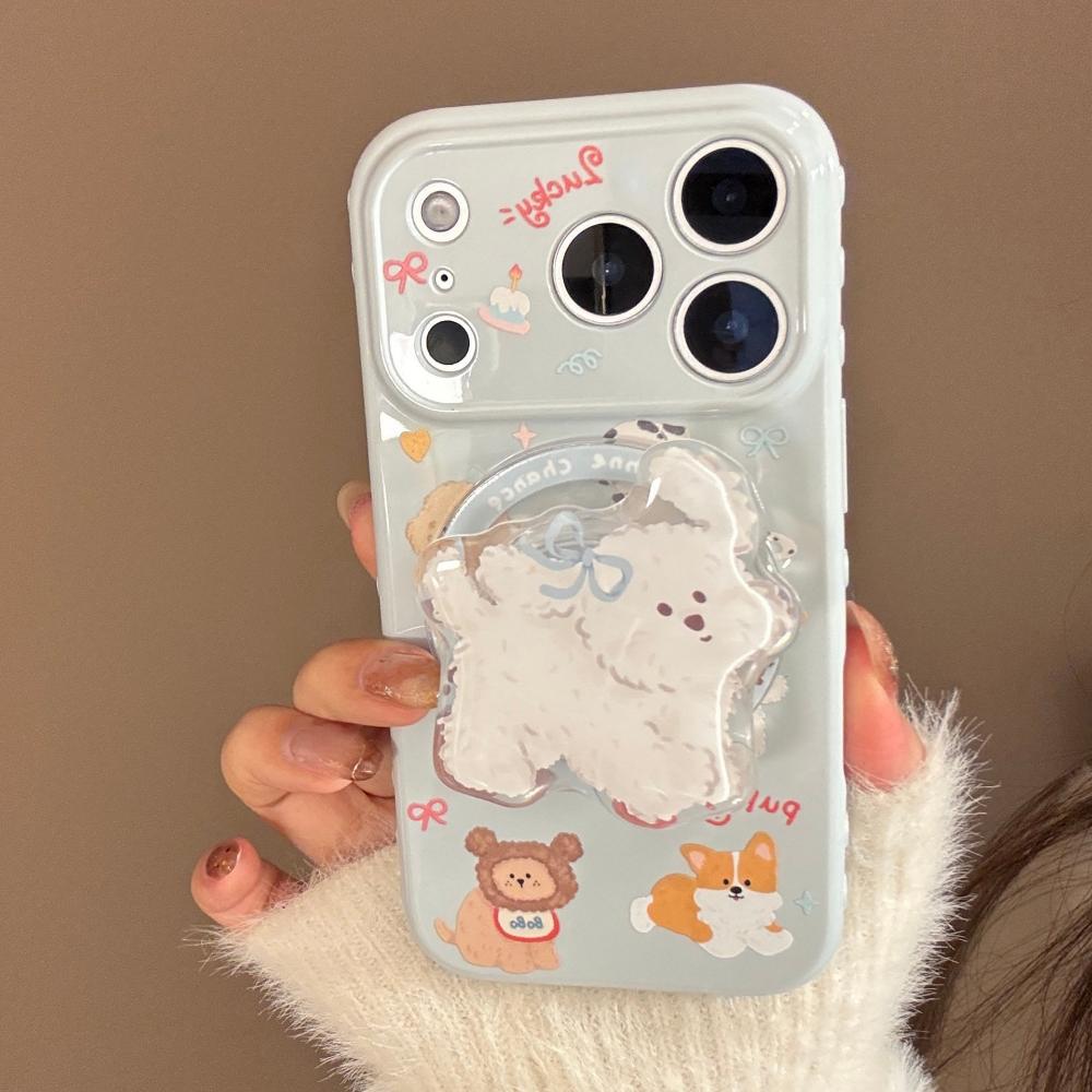 Korean Style Cartoon Puppy Suitable for Apple 17promax Mobile Phone Case Iphone16 Magnetic Bracket 15 Anti-fall 13 Soft Shell