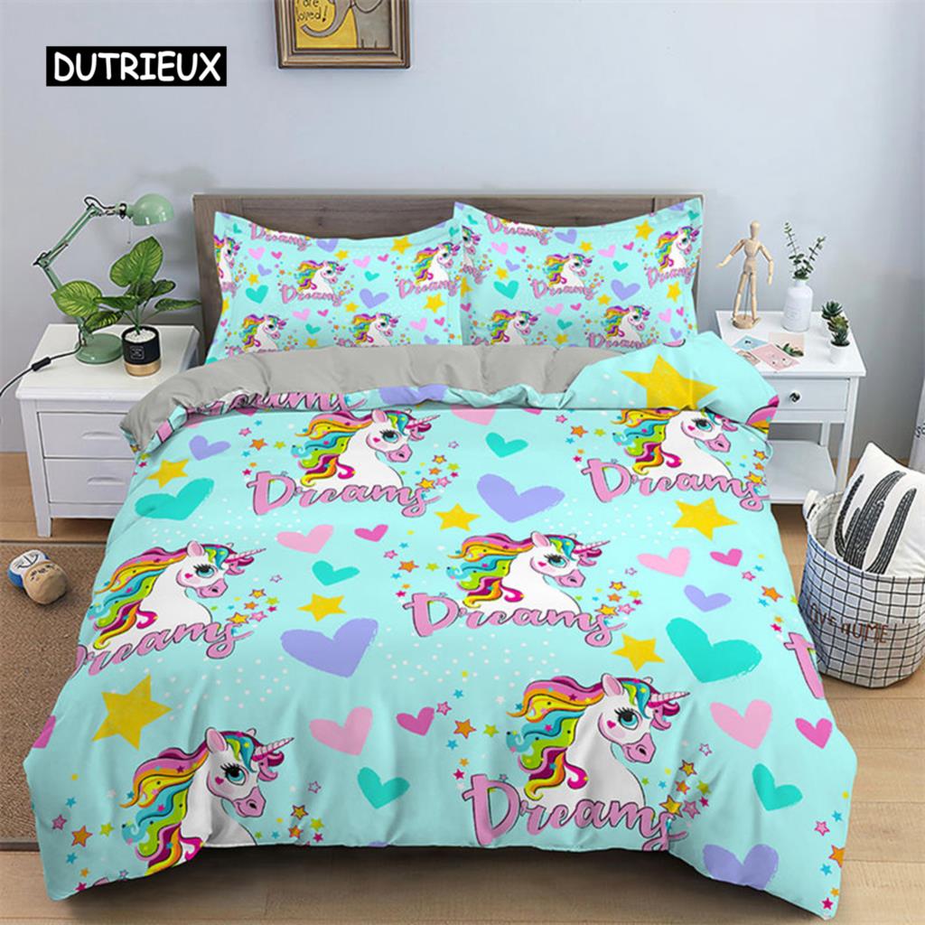 3D Unicorn Duvet Cover Cartoon Style Bedding Set Luxury Twin Full For Kids Boys Girls Microfiber Comforter Cover Home Textile