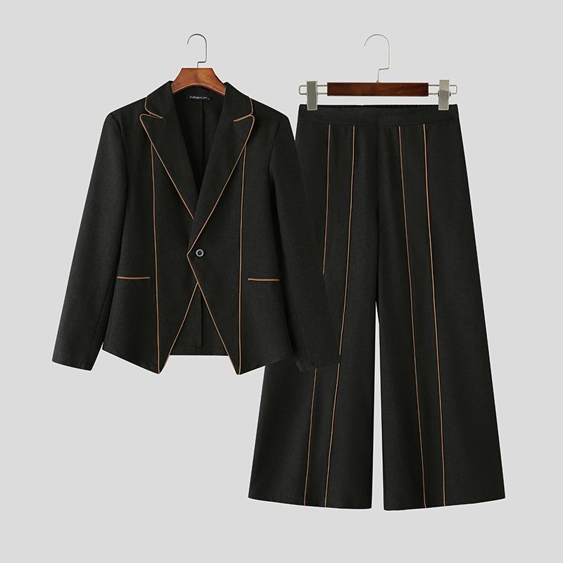 

INCERUN Men Lapel Long Sleeve Stitching Thin Blazer Long Pants Two Piece Suit Casual Outfits Sets S чёрный