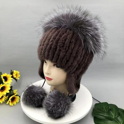 Winter Hats Woman With Pompon Real Mink Fur Knitted Bomber Hats Ball Earflaps Warm Trapper Hats