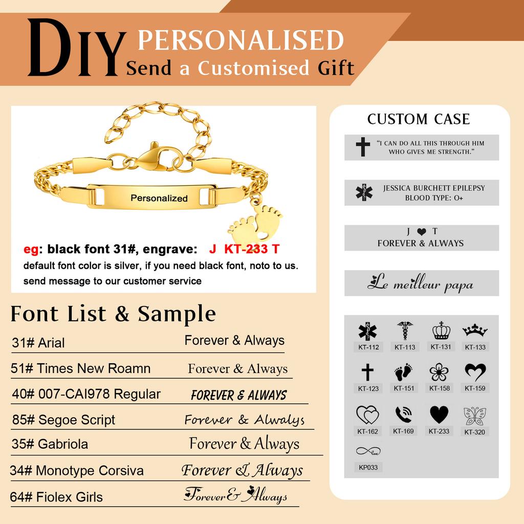 Personalized Baby Name ID Bracelet, Adjustable Stainless Steel Chain, Charms Eye/foot/cross, Engraved Kid Newborn Birthday Gift