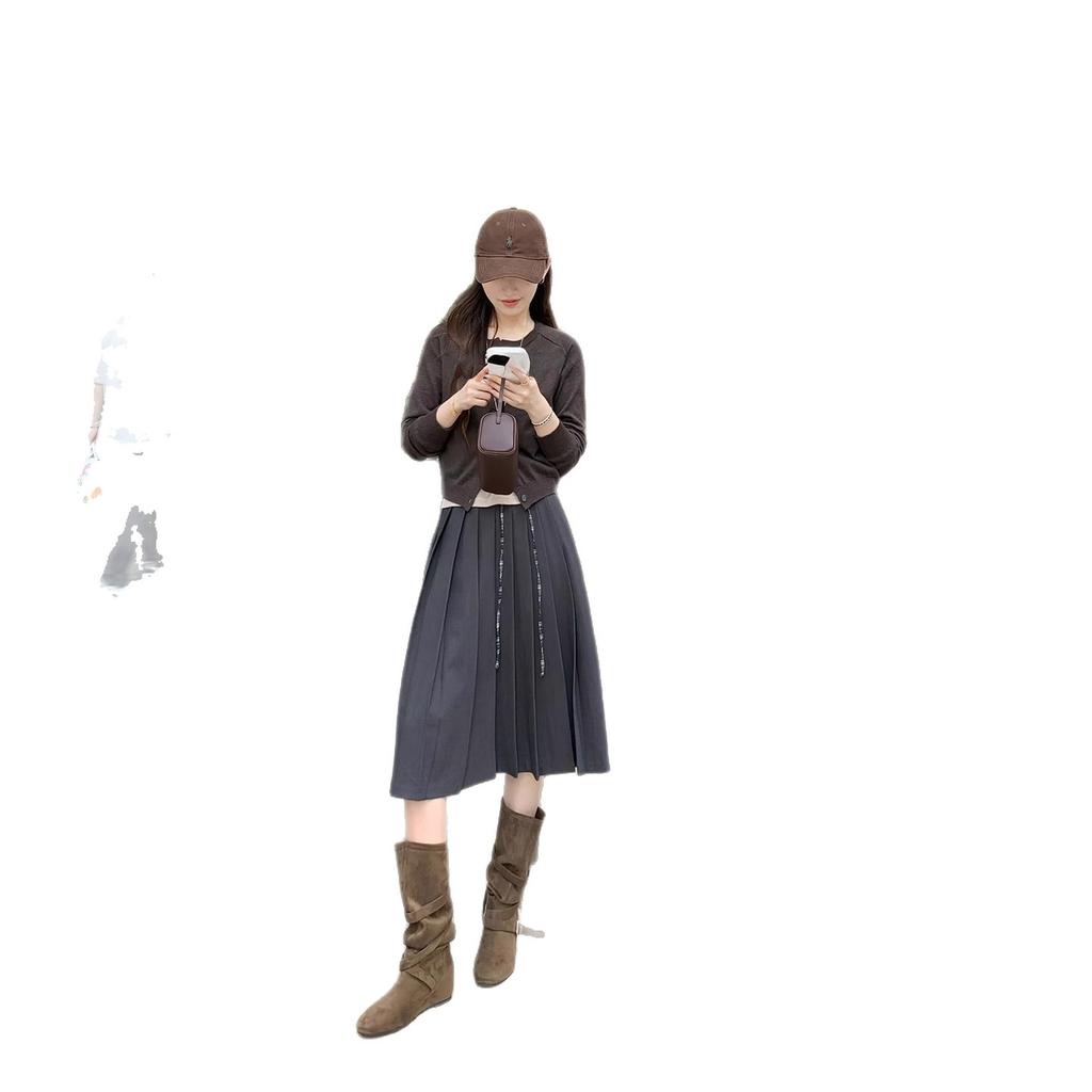 [Factory Spot~~] Retro Pile Western Cowboy Boots Round Head Buckle Soft Folds Skinny Medium Boots Women