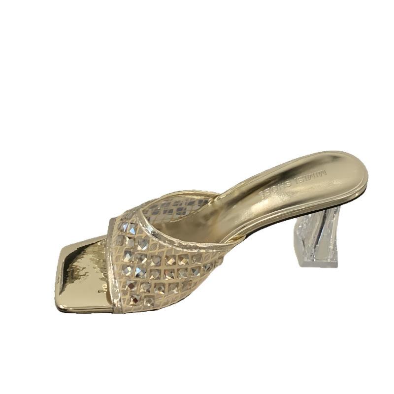 Fashion Shoes Glitter Slides Ladies' Slippers Low Slipers Women Heeled Mules Square Toe Jelly 2025 High Summer Rubber Crystal Rome Fabri
